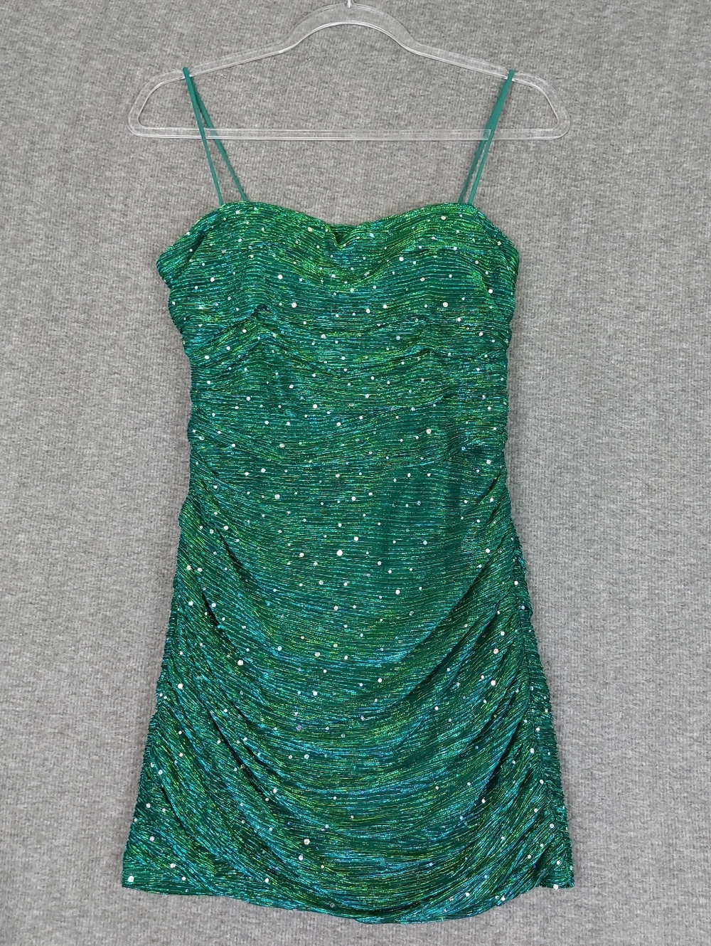 LULUS FLIRTY VIBES WOMENS GREEN SEQUIN MERMAID RUCHED BODY CON MINI DRESS L NWT